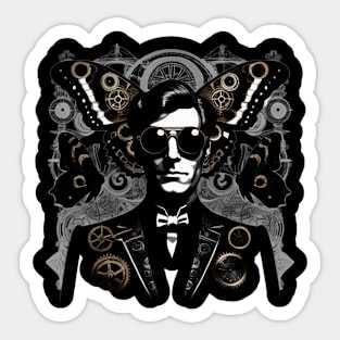 A man in a black suit with steampunk sunglasses and a big moth behind his head Sticker